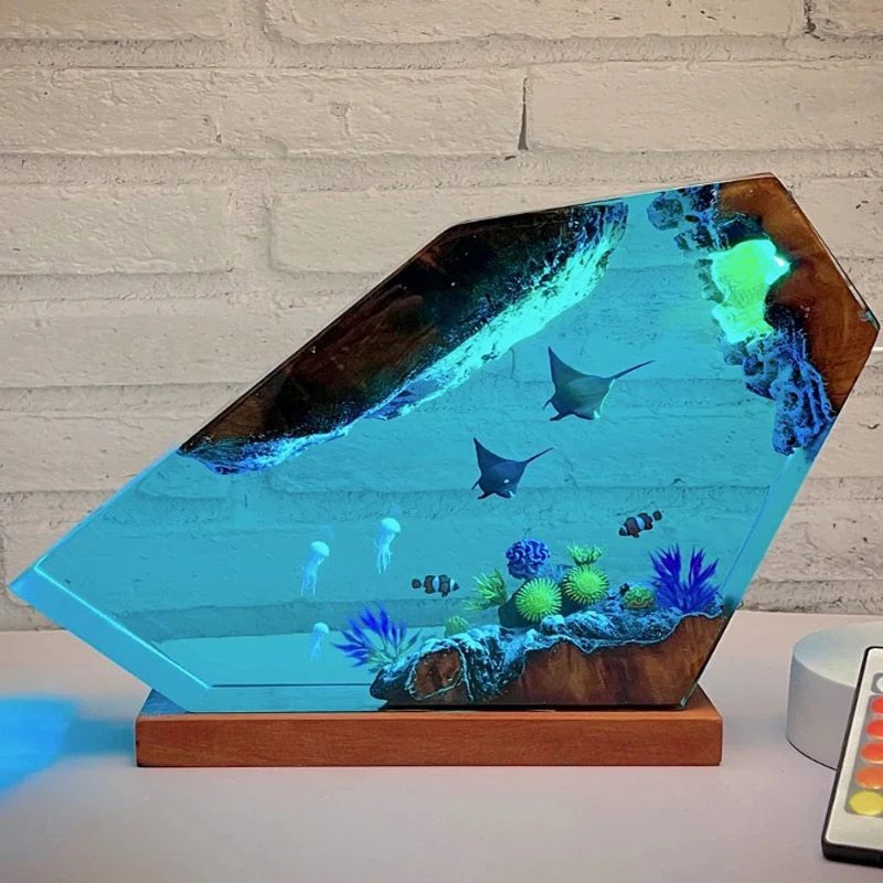 Close-up of Devil Fish & Jellyfish epoxy resin art lamp – perfect coastal or marine home décor