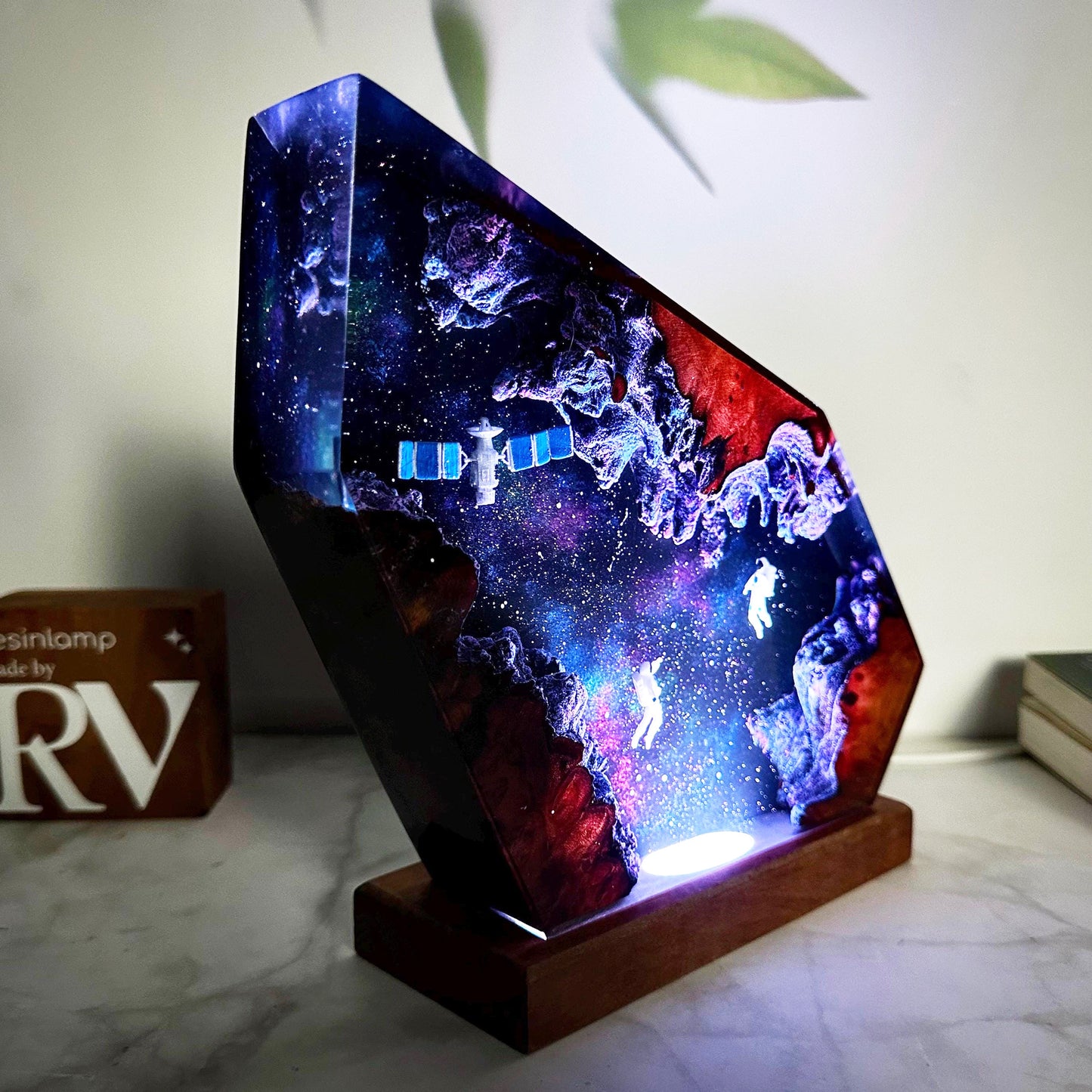 Astronaut Satellite Epoxy Lamp Space Night Light Cosmic Night Sky Star Resin Wood Lamp Gift for Dad