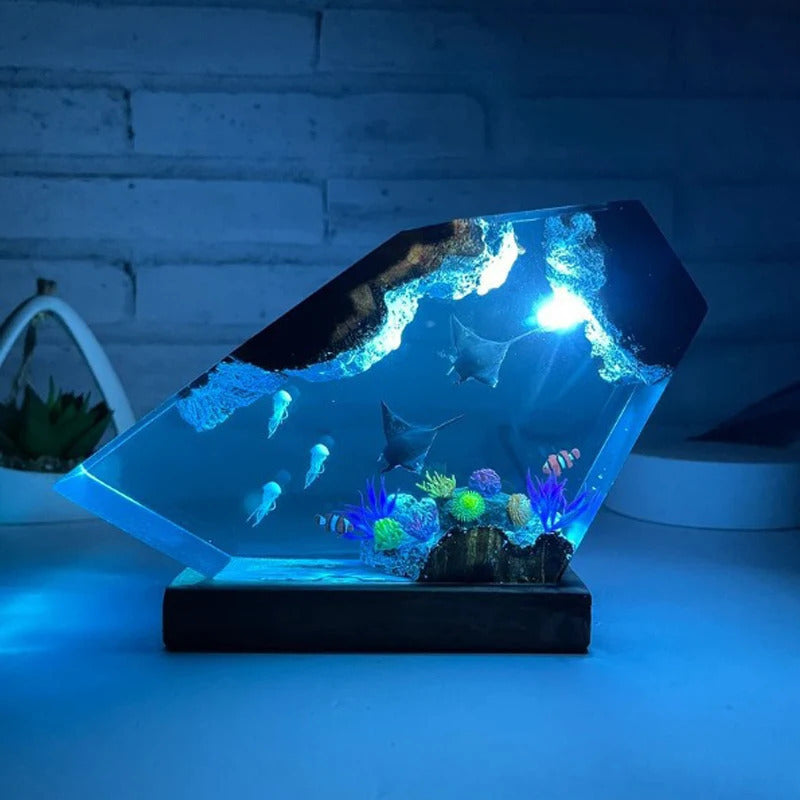 Unique ocean-themed resin night light – Devil Fish and Jellyfish scene with soft ambient glow