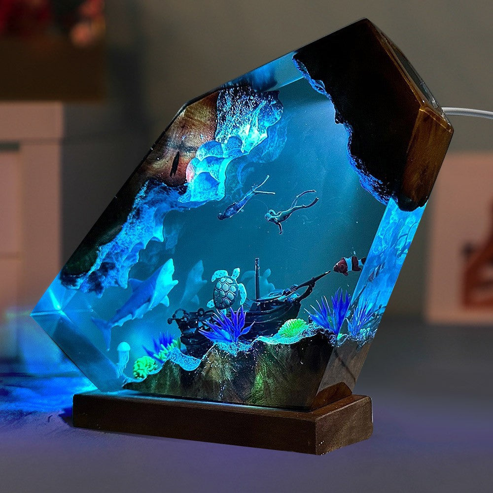 Handmade great white shark and turtle resin lamp with diver scene on wooden base