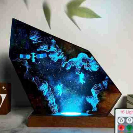 Astronaut Satellite Resin Night Light | Handmade Space Lamp with Wooden Base, Cosmic Star Lamp Christmas Gift