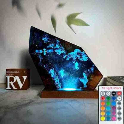 Astronaut Satellite Epoxy Lamp Space Night Light Cosmic Night Sky Star Resin Wood Lamp Gift for Dad
