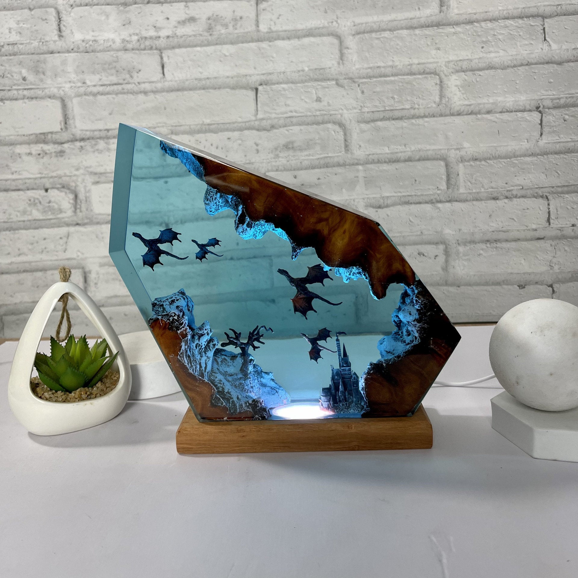 3D Fire and Ice Dragon Resin Night Light – Handmade Fantasy Desk Lamp for Home Decor