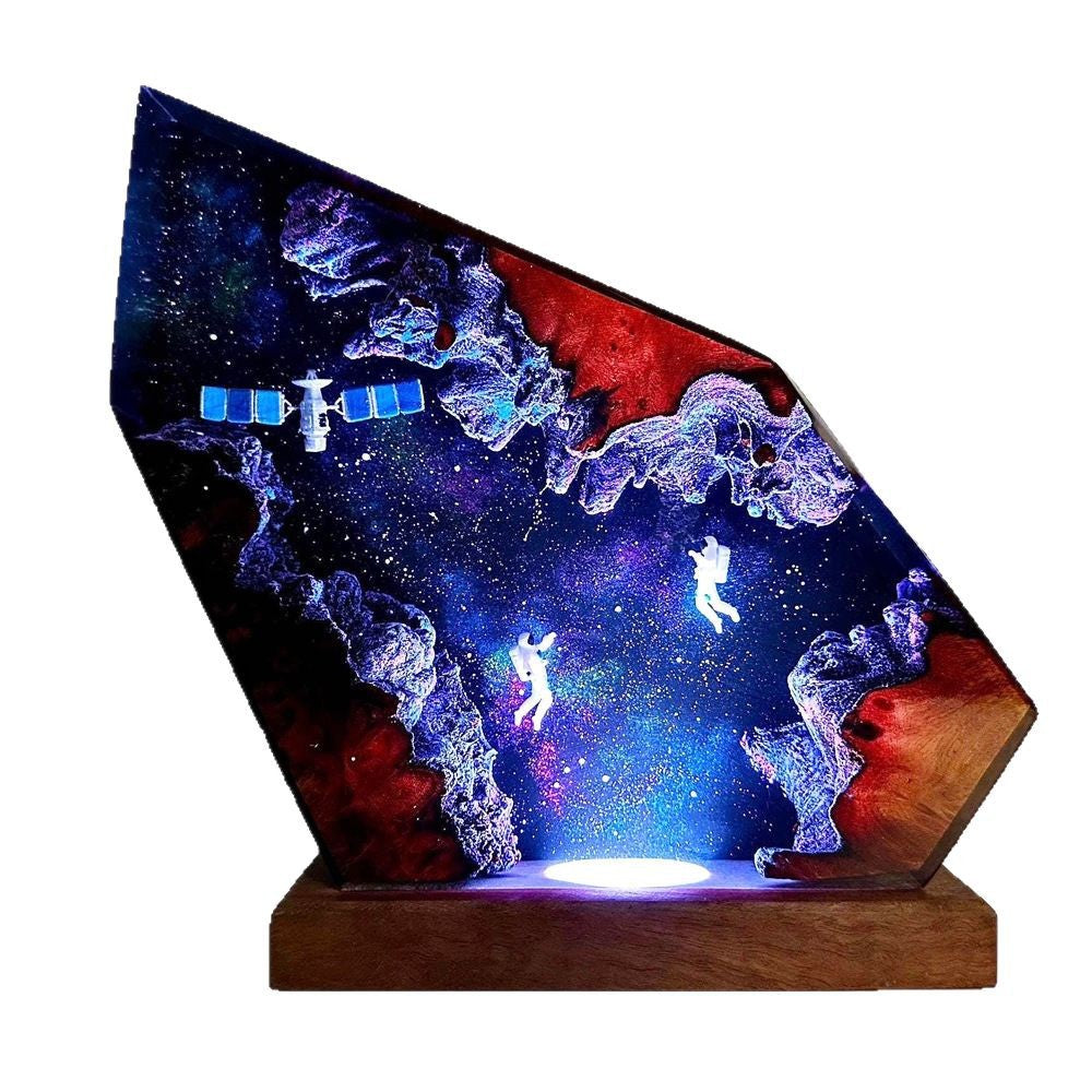 Astronaut Satellite Epoxy Lamp Space Night Light Cosmic Night Sky Star Resin Wood Lamp Gift for Dad