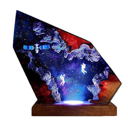 Astronaut Satellite Epoxy Lamp Space Night Light Cosmic Night Sky Star Resin Wood Lamp Gift for Dad