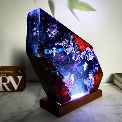 Astronaut Satellite Epoxy Lamp Space Night Light Cosmic Night Sky Star Resin Wood Lamp Gift for Dad