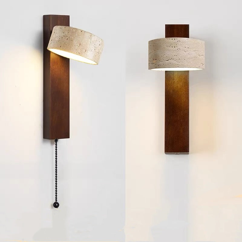 Yellow Travertine Wall Lamp Rotatable Solid Wood Bedside Lamp with Pull Switch Japanese Wabi-Sabi Style Warm B&B Aisle Lamp