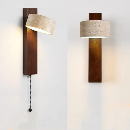 Yellow Travertine Wall Lamp Rotatable Solid Wood Bedside Lamp with Pull Switch Japanese Wabi-Sabi Style Warm B&B Aisle Lamp