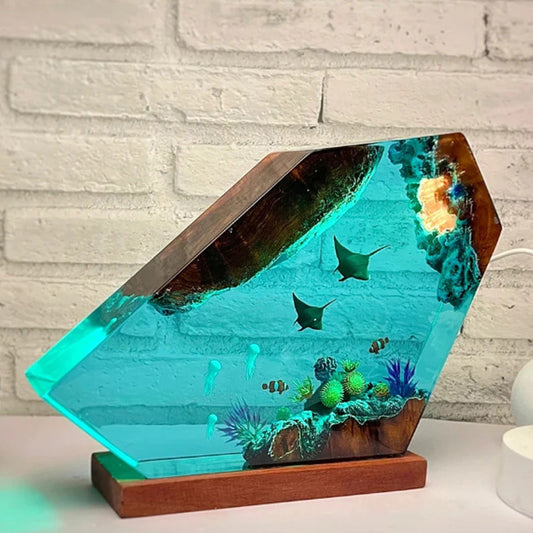 Handmade Devil Fish and Jellyfish Resin Lamp glowing in dark – undersea night light for ocean lovers