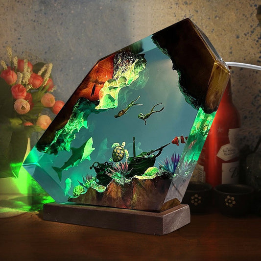 Handmade great white shark and turtle resin lamp with diver scene on wooden base