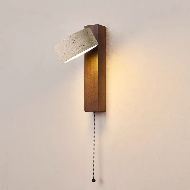 Yellow Travertine Wall Lamp Rotatable Solid Wood Bedside Lamp with Pull Switch Japanese Wabi-Sabi Style Warm B&B Aisle Lamp