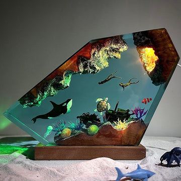 Handmade epoxy resin lamp featuring killer whale, turtle, and diver couple – ocean-themed night light, Christmas gift for marine lovers and ocean décor