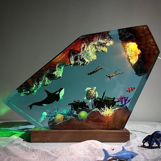 Handmade epoxy resin lamp featuring killer whale, turtle, and diver couple – ocean-themed night light, Christmas gift for marine lovers and ocean décor
