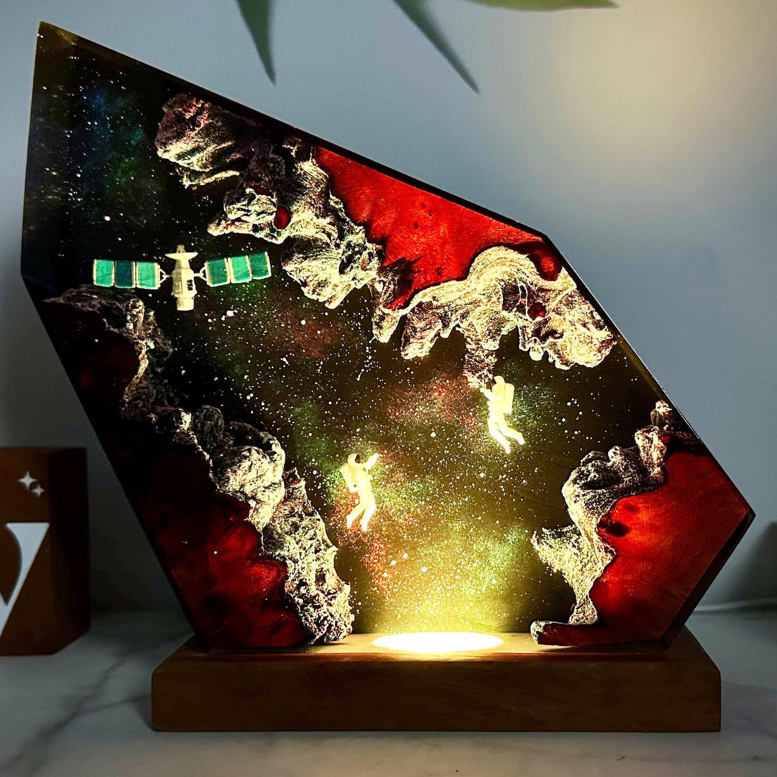 Astronaut Satellite Resin Night Light | Handmade Space Lamp with Wooden Base, Cosmic Star Lamp Christmas Gift