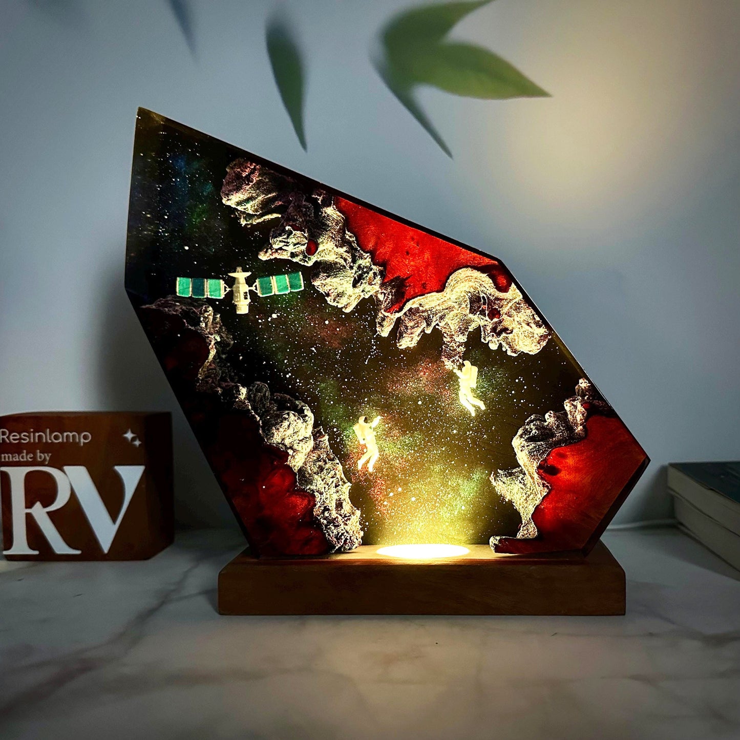 Astronaut Satellite Epoxy Lamp Space Night Light Cosmic Night Sky Star Resin Wood Lamp Gift for Dad