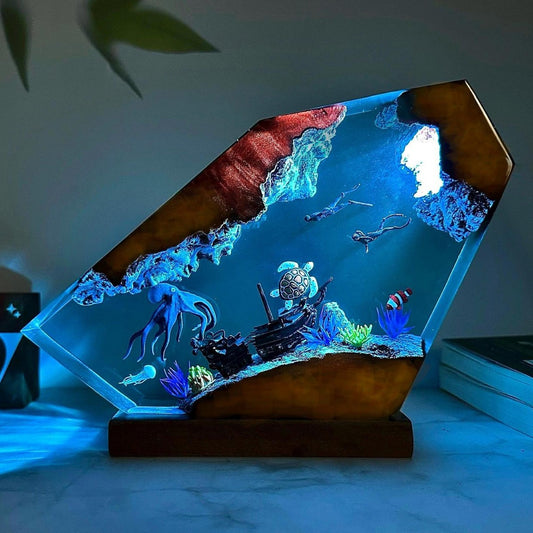 Octopus and Turtle Resin Nightlight Couple Divers Explore the Underwater World Unique Decoration Christmas Gift