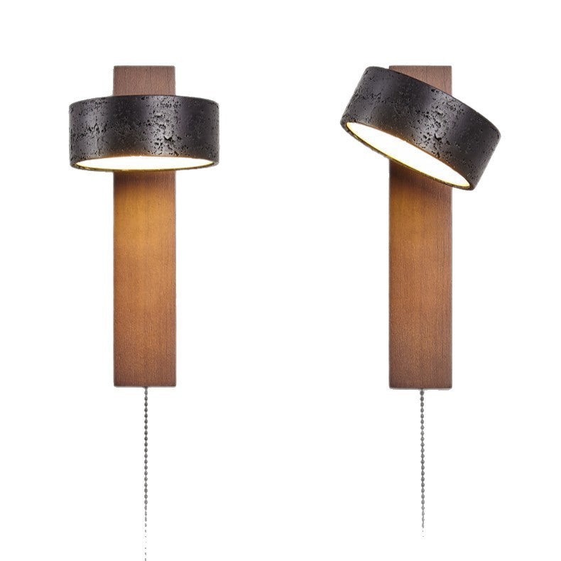 Yellow Travertine Wall Lamp Rotatable Solid Wood Bedside Lamp with Pull Switch Japanese Wabi-Sabi Style Warm B&B Aisle Lamp