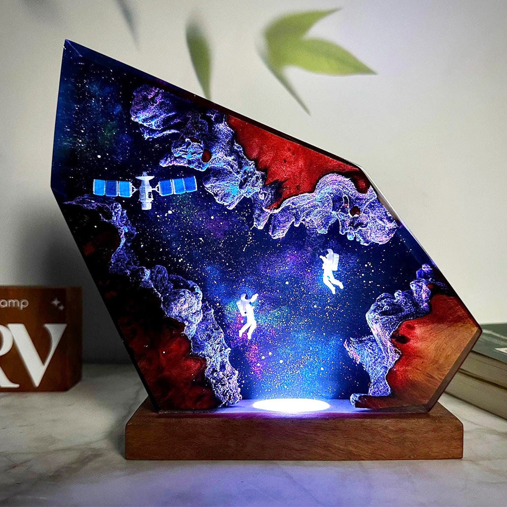 Astronaut Satellite Epoxy Lamp Space Night Light Cosmic Night Sky Star Resin Wood Lamp Gift for Dad