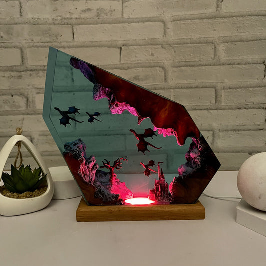 3D Fire and Ice Dragon Resin Lamp glowing with warm light – fantasy night light décor