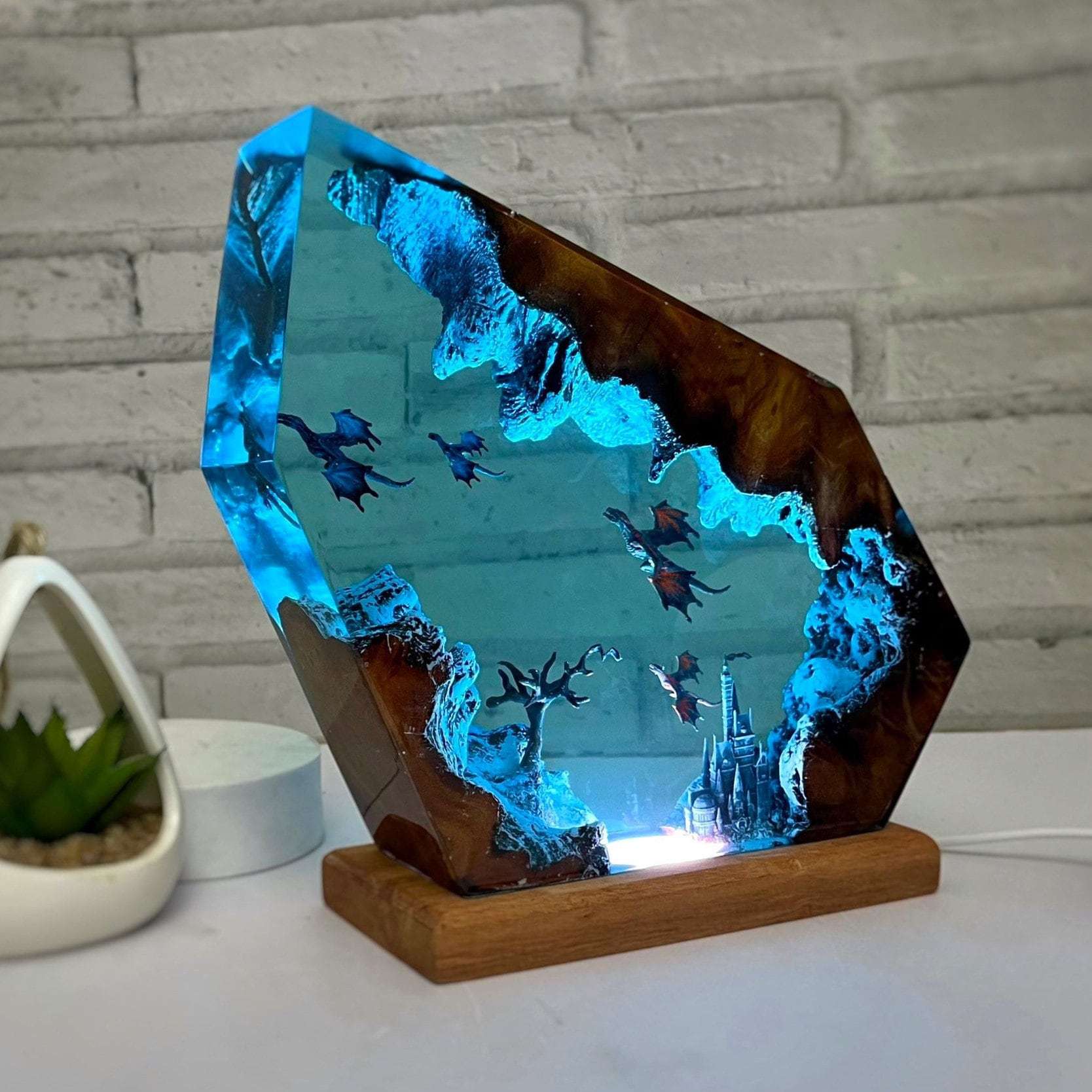 Fantasy-themed epoxy resin lamp featuring fire vs. ice dragons – unique handmade gift
